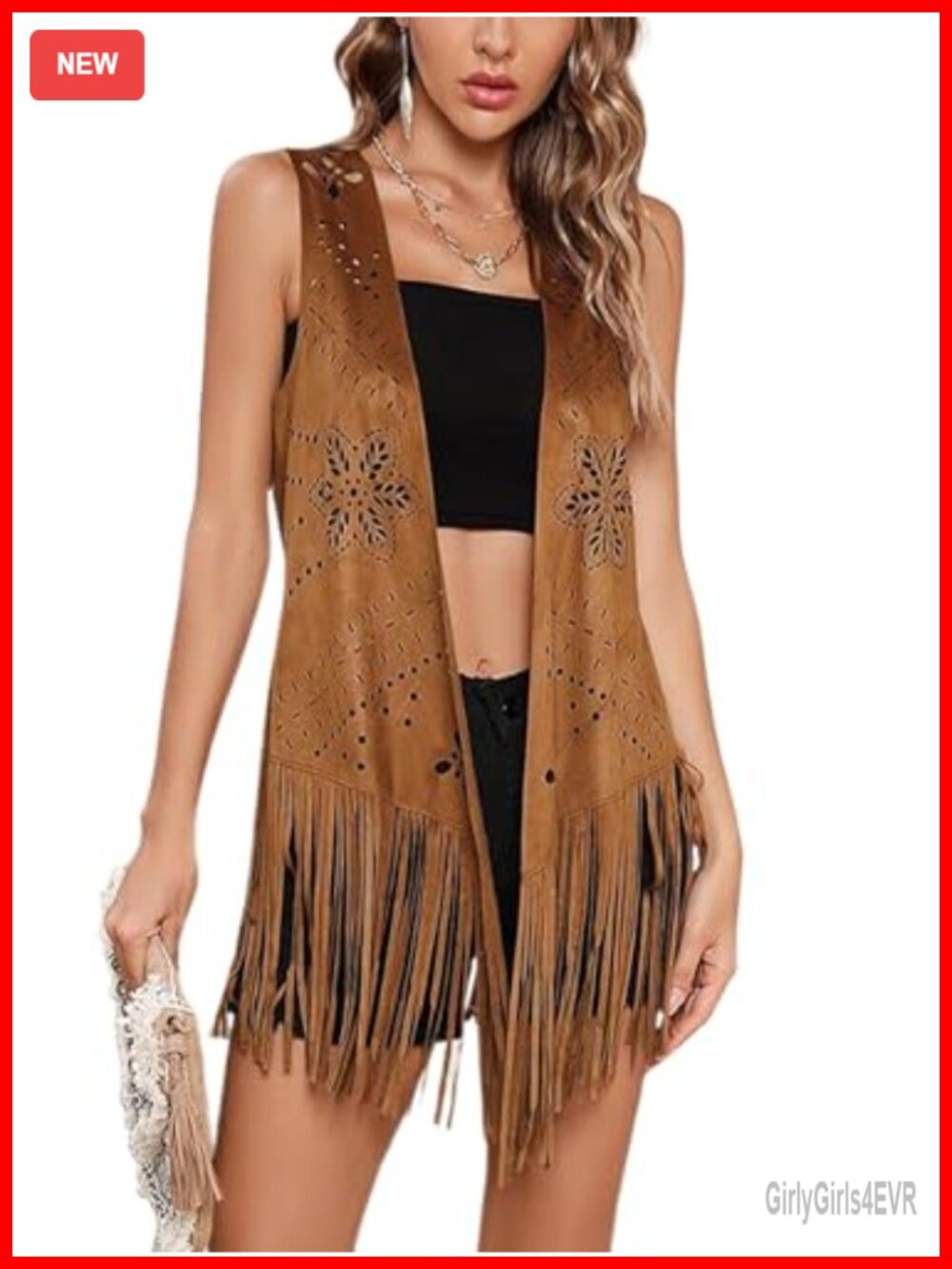 Faux Suede Fringe Vest Sleeveless Open Front Cardigan Hippie Western